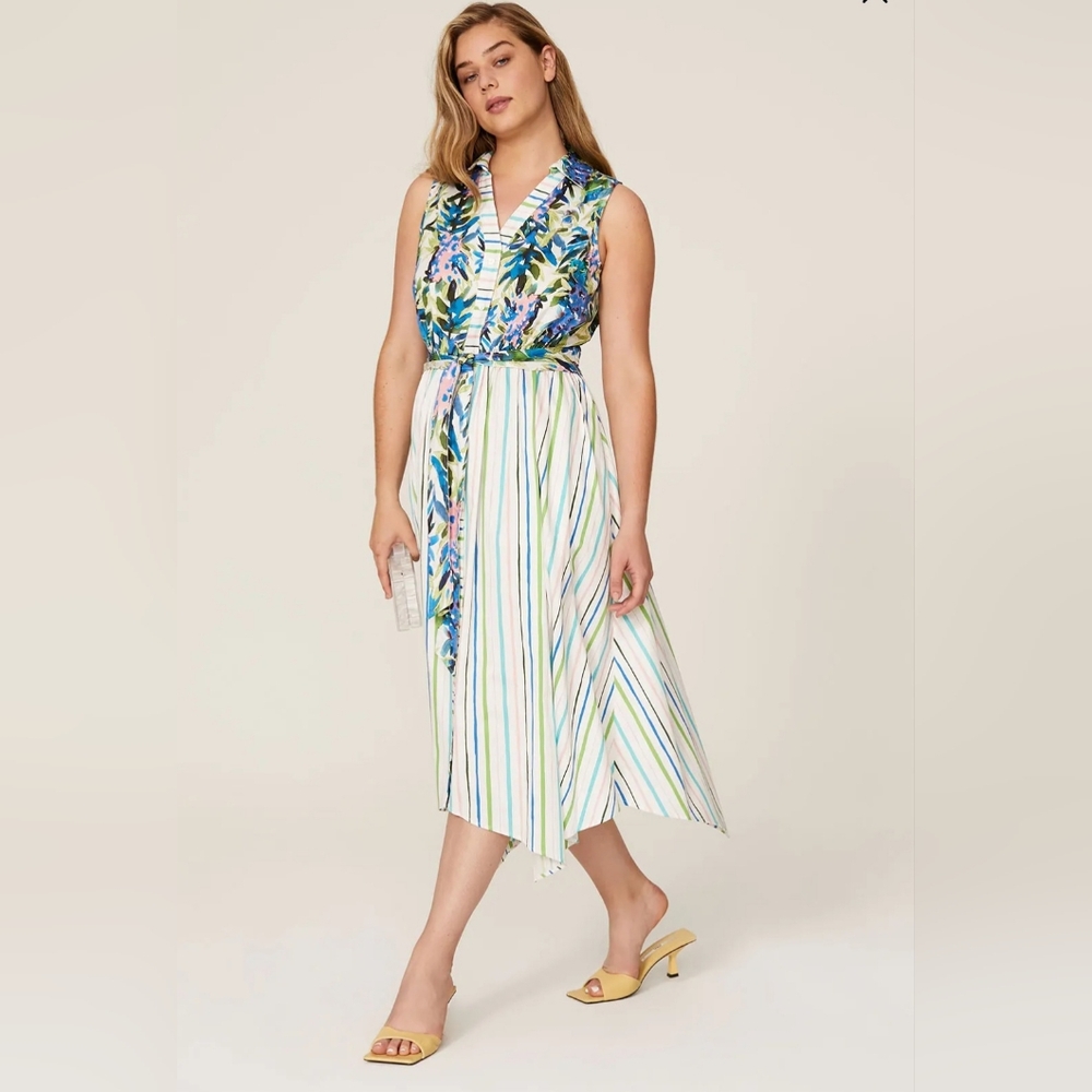 Badgley Mischka Multi Patterned Collared Day Midi Dress Sleeveless Women…